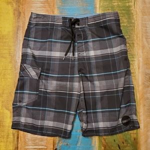 O'Neill Board Shorts / Swim Trunks, Black / Gray / Grey Plaid - Men's sz SM 29